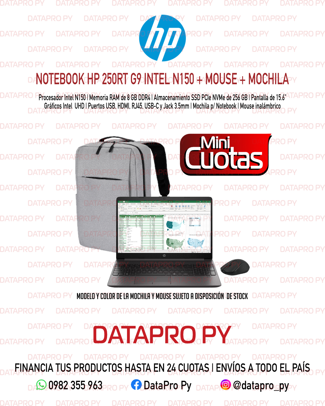 Notebook HP 250RT G9 + Mouse + Mochila